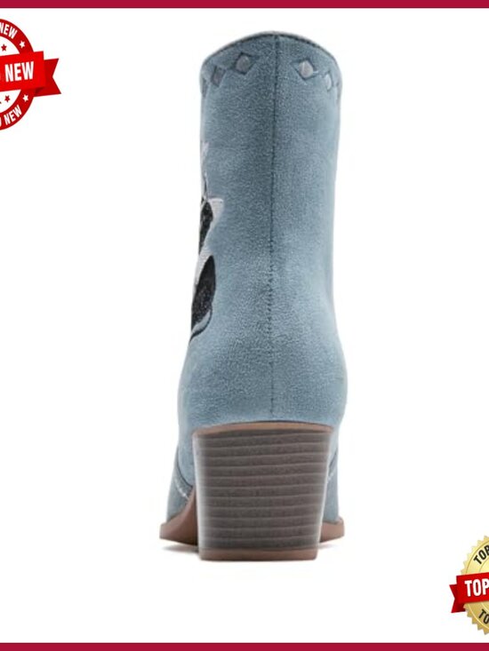 FAMITION Cowboy Boots for Women Embroidered Western Cowgirl  Cowgirl Suede Pointed Toe Mid Calf Embroidered Western Boots Size 5-11